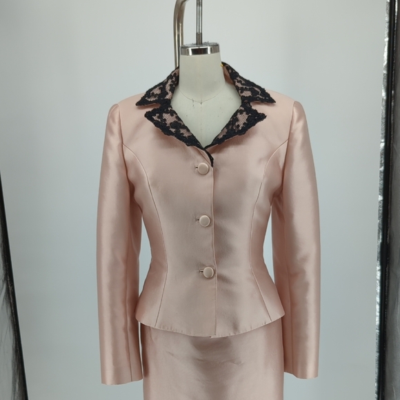 Stanley Korshak Lace Satin Silk Dress Blazer Suit Pink Size Small preppy french - Picture 5 of 16